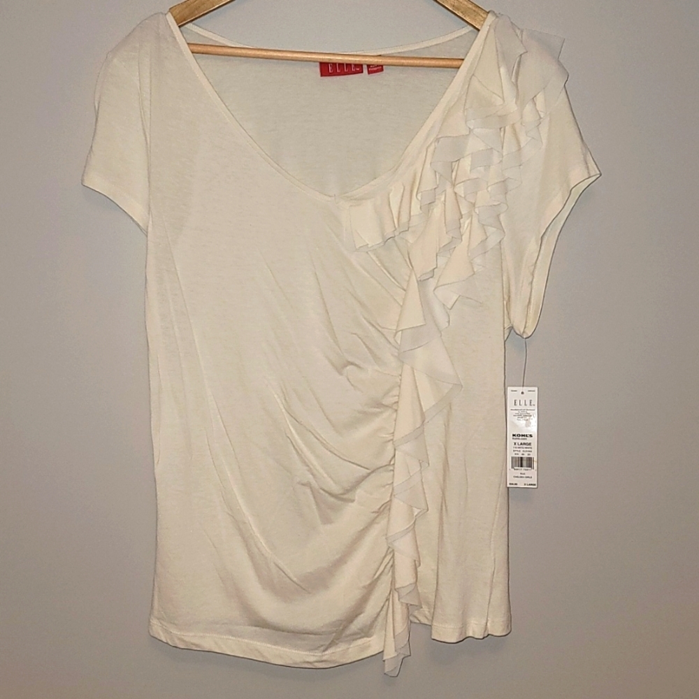 Elle Cream Antique White  Ruffle Short Sleeve T Shirt XL